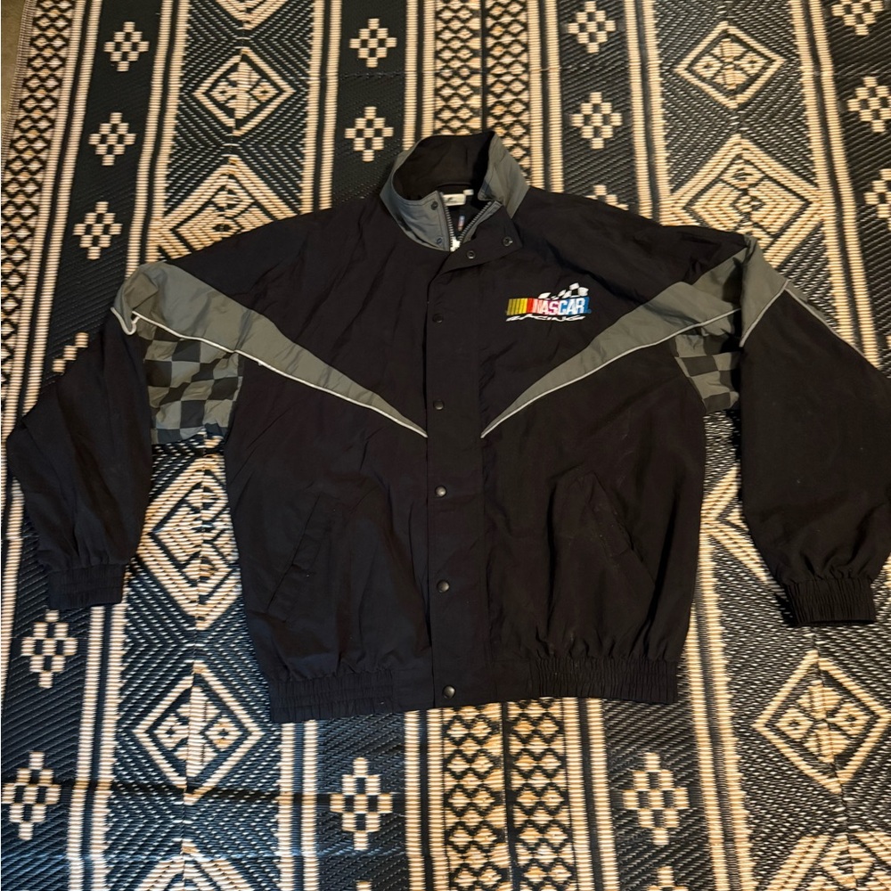 Nascar Black and Gray Racing Windbreaker Jacket flag design size L